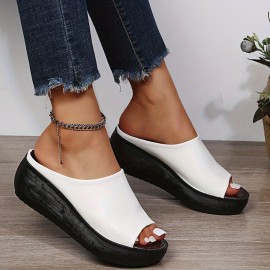 Women's Wedge Sandals, Slip On Open Toe Soft Sole Wear-resistant Slides, Faux Leather Platform Slides