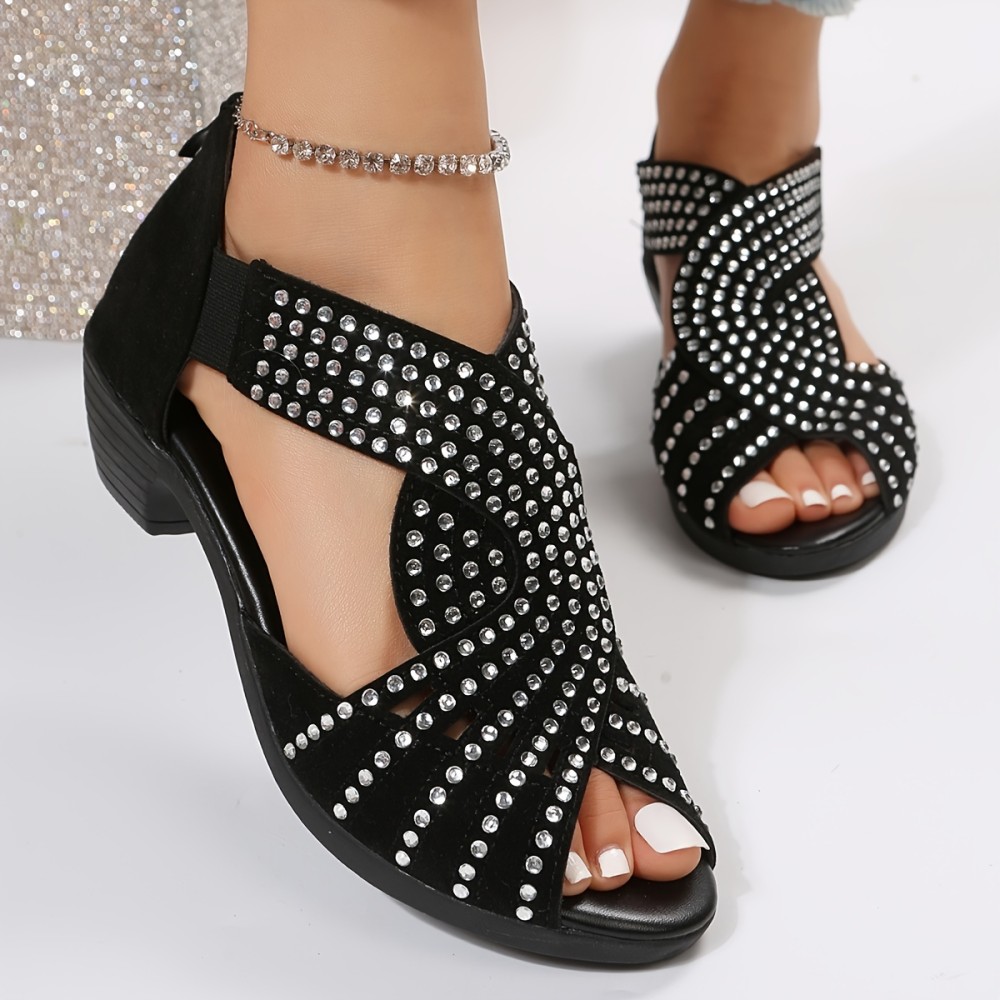 Women's Rhinestone Pattern Sandals, Peep Toe Back Zipper Chunky Heel Side Cut Out Wedge Shoes, Versatile Glitter Comfy Shoes