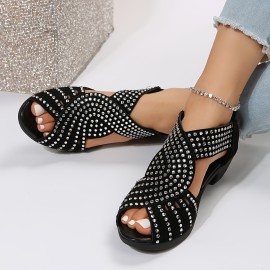 Women's Rhinestone Pattern Sandals, Peep Toe Back Zipper Chunky Heel Side Cut Out Wedge Shoes, Versatile Glitter Comfy Shoes