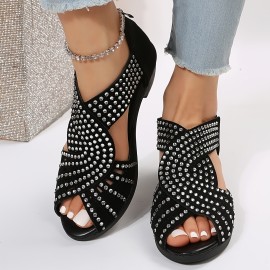 Women's Rhinestone Pattern Sandals, Peep Toe Back Zipper Chunky Heel Side Cut Out Wedge Shoes, Versatile Glitter Comfy Shoes