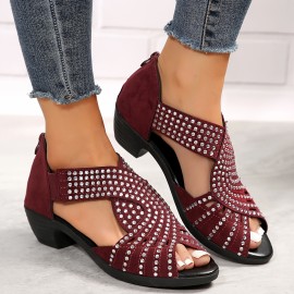 Women's Rhinestone Pattern Sandals, Peep Toe Back Zipper Chunky Heel Side Cut Out Wedge Shoes, Versatile Glitter Comfy Shoes