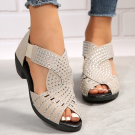 Women's Rhinestone Pattern Sandals, Peep Toe Back Zipper Chunky Heel Side Cut Out Wedge Shoes, Versatile Glitter Comfy Shoes