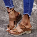 Women's Wedge Sandals, Flower & Rhinestone Decor Double Band Slip On Shoes, Casual Outdoor Slide Sandals