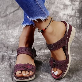 Women's Wedge Sandals, Flower & Rhinestone Decor Double Band Slip On Shoes, Casual Outdoor Slide Sandals