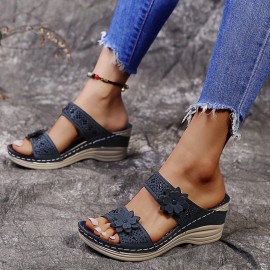 Women's Wedge Sandals, Flower & Rhinestone Decor Double Band Slip On Shoes, Casual Outdoor Slide Sandals