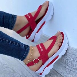 Women's Platform Thong Sandals, Solid Color Letter Buckle Strap Slingback Shoes, Outdoor Summer Sandals