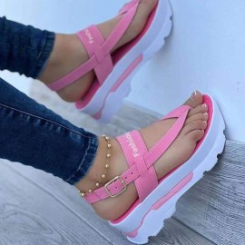 Women's Platform Thong Sandals, Solid Color Letter Buckle Strap Slingback Shoes, Outdoor Summer Sandals