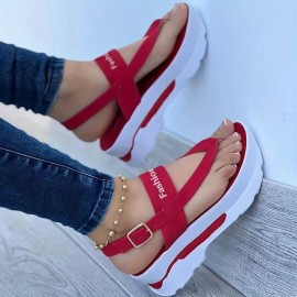 Women's Platform Thong Sandals, Solid Color Letter Buckle Strap Slingback Shoes, Outdoor Summer Sandals