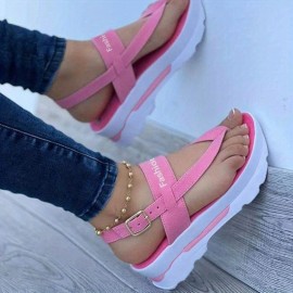 Women's Platform Thong Sandals, Solid Color Letter Buckle Strap Slingback Shoes, Outdoor Summer Sandals