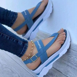 Women's Platform Thong Sandals, Solid Color Letter Buckle Strap Slingback Shoes, Outdoor Summer Sandals