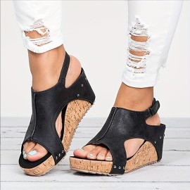 Women's Platform Wedge Sandals, Open Toe Cut-out Slingback Heels, Fashion Wood Grain Sandals