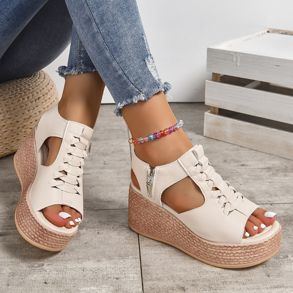 Women's Cutout Design Wedge Sandals, Casual Side Zipper Platform Sandals, Comfortable Summer Shoes