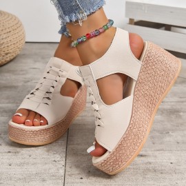 Women's Cutout Design Wedge Sandals, Casual Side Zipper Platform Sandals, Comfortable Summer Shoes