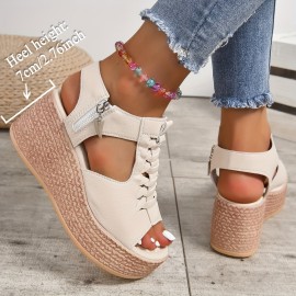 Women's Cutout Design Wedge Sandals, Casual Side Zipper Platform Sandals, Comfortable Summer Shoes