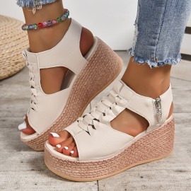 Women's Cutout Design Wedge Sandals, Casual Side Zipper Platform Sandals, Comfortable Summer Shoes