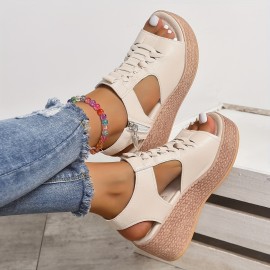 Women's Cutout Design Wedge Sandals, Casual Side Zipper Platform Sandals, Comfortable Summer Shoes