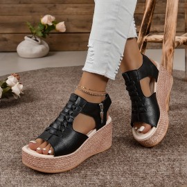 Women's Cutout Design Wedge Sandals, Casual Side Zipper Platform Sandals, Comfortable Summer Shoes