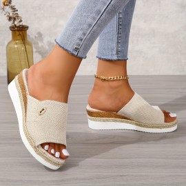 Women's Solid Color Platform Sandals, Slip On Comfy Summer Slides Shoes, Versatile Wedge Casual Shoes