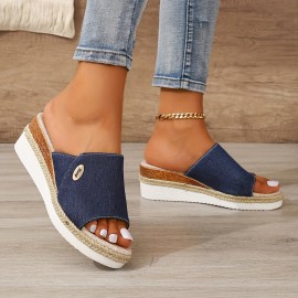 Women's Solid Color Platform Sandals, Slip On Comfy Summer Slides Shoes, Versatile Wedge Casual Shoes