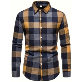 Plaid Pattern Men's Casual Retro Long Sleeve Button Up Shirt For Spring Fall Outdoor