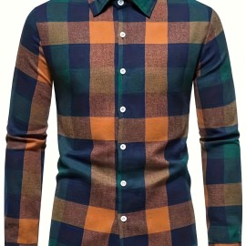 Plaid Pattern Men's Casual Retro Long Sleeve Button Up Shirt For Spring Fall Outdoor