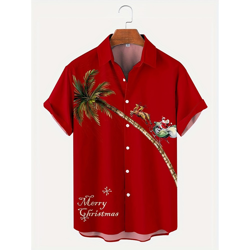 Christmas Coconut Tree & Santa Pattern Men's Short Sleeve Lapel Shirt, Men's Trendy Shirt For Summer Beach Holiday