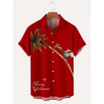 Christmas Coconut Tree & Santa Pattern Men's Short Sleeve Lapel Shirt, Men's Trendy Shirt For Summer Beach Holiday