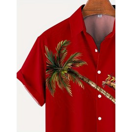 Christmas Coconut Tree & Santa Pattern Men's Short Sleeve Lapel Shirt, Men's Trendy Shirt For Summer Beach Holiday