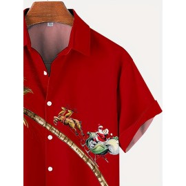 Christmas Coconut Tree & Santa Pattern Men's Short Sleeve Lapel Shirt, Men's Trendy Shirt For Summer Beach Holiday