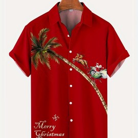 Christmas Coconut Tree & Santa Pattern Men's Short Sleeve Lapel Shirt, Men's Trendy Shirt For Summer Beach Holiday