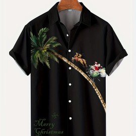 Christmas Coconut Tree & Santa Pattern Men's Short Sleeve Lapel Shirt, Men's Trendy Shirt For Summer Beach Holiday