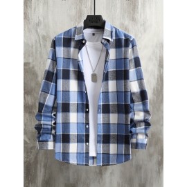 Color Block Big Plaid Pattern Men's Long Sleeve Button Up Shirt For Spring Fall Outdoor