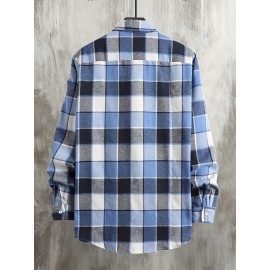 Color Block Big Plaid Pattern Men's Long Sleeve Button Up Shirt For Spring Fall Outdoor