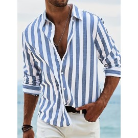 Men's Retro Classic Design Striped Shirt Top Turn-Down Collar Long Sleeves Closure Regular Fit Male Casual Shirt For Daily