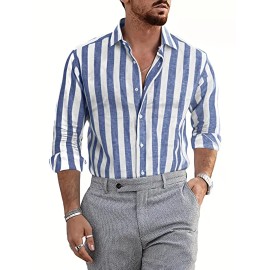 Men's Retro Classic Design Striped Shirt Top Turn-Down Collar Long Sleeves Closure Regular Fit Male Casual Shirt For Daily