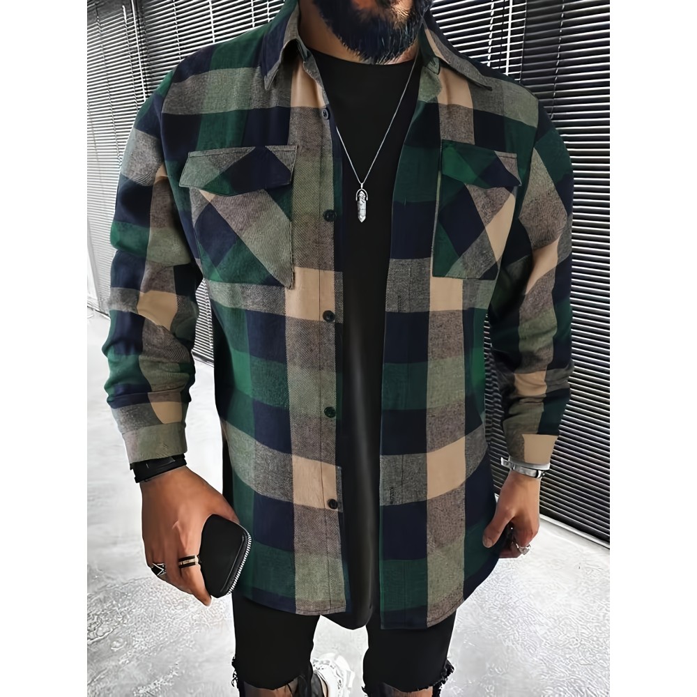 Men's Plaid Turndown Collar Chest Pocket Long Sleeve Shirt, Trendy Comfy Shirt For Spring Autumn