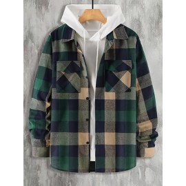 Men's Plaid Turndown Collar Chest Pocket Long Sleeve Shirt, Trendy Comfy Shirt For Spring Autumn