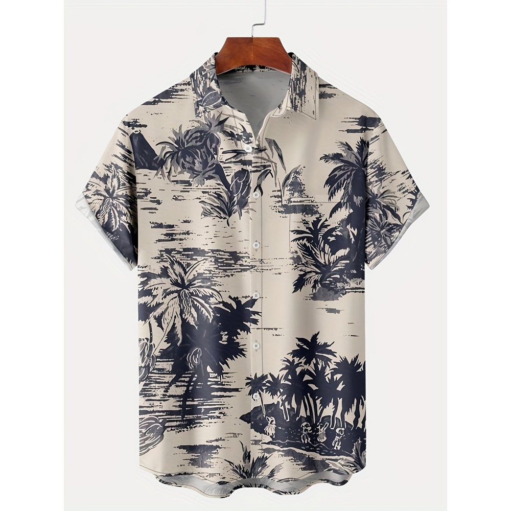 Coconut Tree Print Men's Casual Short Sleeve Hawaiian Shirt With Chest Pocket, Men's Shirt For Summer Vacation Resort, Tops For Men