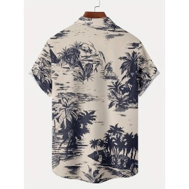 Coconut Tree Print Men's Casual Short Sleeve Hawaiian Shirt With Chest Pocket, Men's Shirt For Summer Vacation Resort, Tops For Men