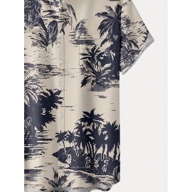 Coconut Tree Print Men's Casual Short Sleeve Hawaiian Shirt With Chest Pocket, Men's Shirt For Summer Vacation Resort, Tops For Men