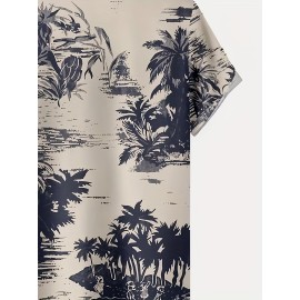 Coconut Tree Print Men's Casual Short Sleeve Hawaiian Shirt With Chest Pocket, Men's Shirt For Summer Vacation Resort, Tops For Men