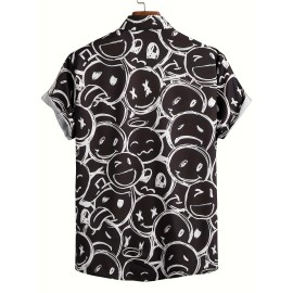 Cartoon Faces Print Men's Casual Short Sleeve Shirt, Men's Shirt For Summer Vacation Resort, Tops For Men, Gift For Men