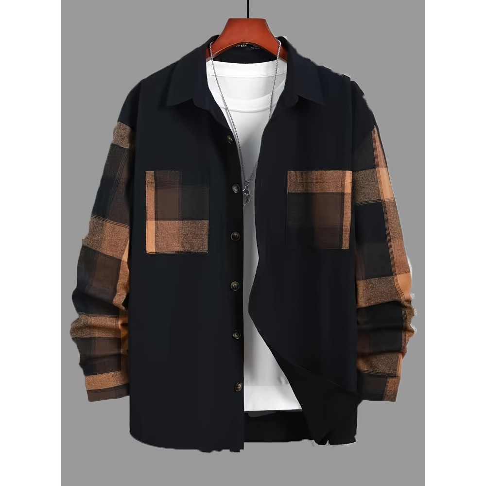 Men's Plaid Long Sleeve Turndown Collar Shirt, Trendy Comfy Shirt For Spring Autumn