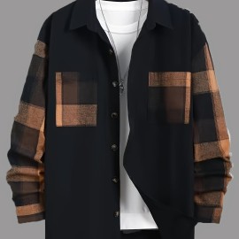 Men's Plaid Long Sleeve Turndown Collar Shirt, Trendy Comfy Shirt For Spring Autumn