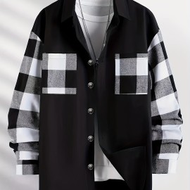 Men's Plaid Long Sleeve Turndown Collar Shirt, Trendy Comfy Shirt For Spring Autumn