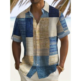 Retro Carpet Texture Geometric Pattern Men's Casual Short Sleeve Lapel Shirt, Summer Outdoor