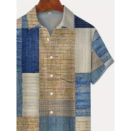 Retro Carpet Texture Geometric Pattern Men's Casual Short Sleeve Lapel Shirt, Summer Outdoor