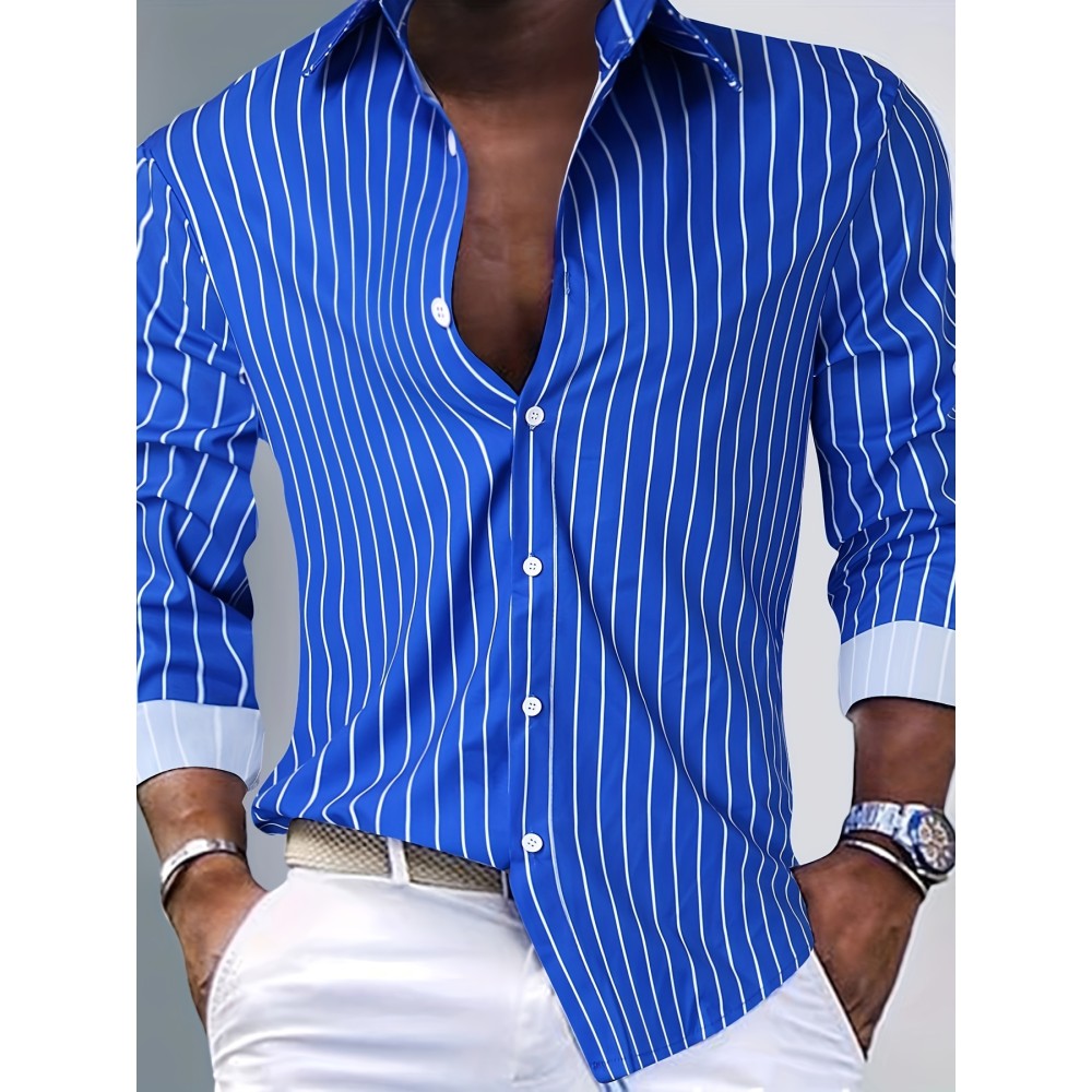 Casual Striped Men's Daily Thin Long Sleeve Button Up Shirt For Spring Summer Outdoor, Gift For Men