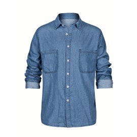 Men's Casual Button Up Long Sleeve Denim Shirt With Chest Pockets, Men's Clothes For Spring Summer Autumn, Tops For Men