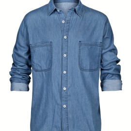 Men's Casual Button Up Long Sleeve Denim Shirt With Chest Pockets, Men's Clothes For Spring Summer Autumn, Tops For Men